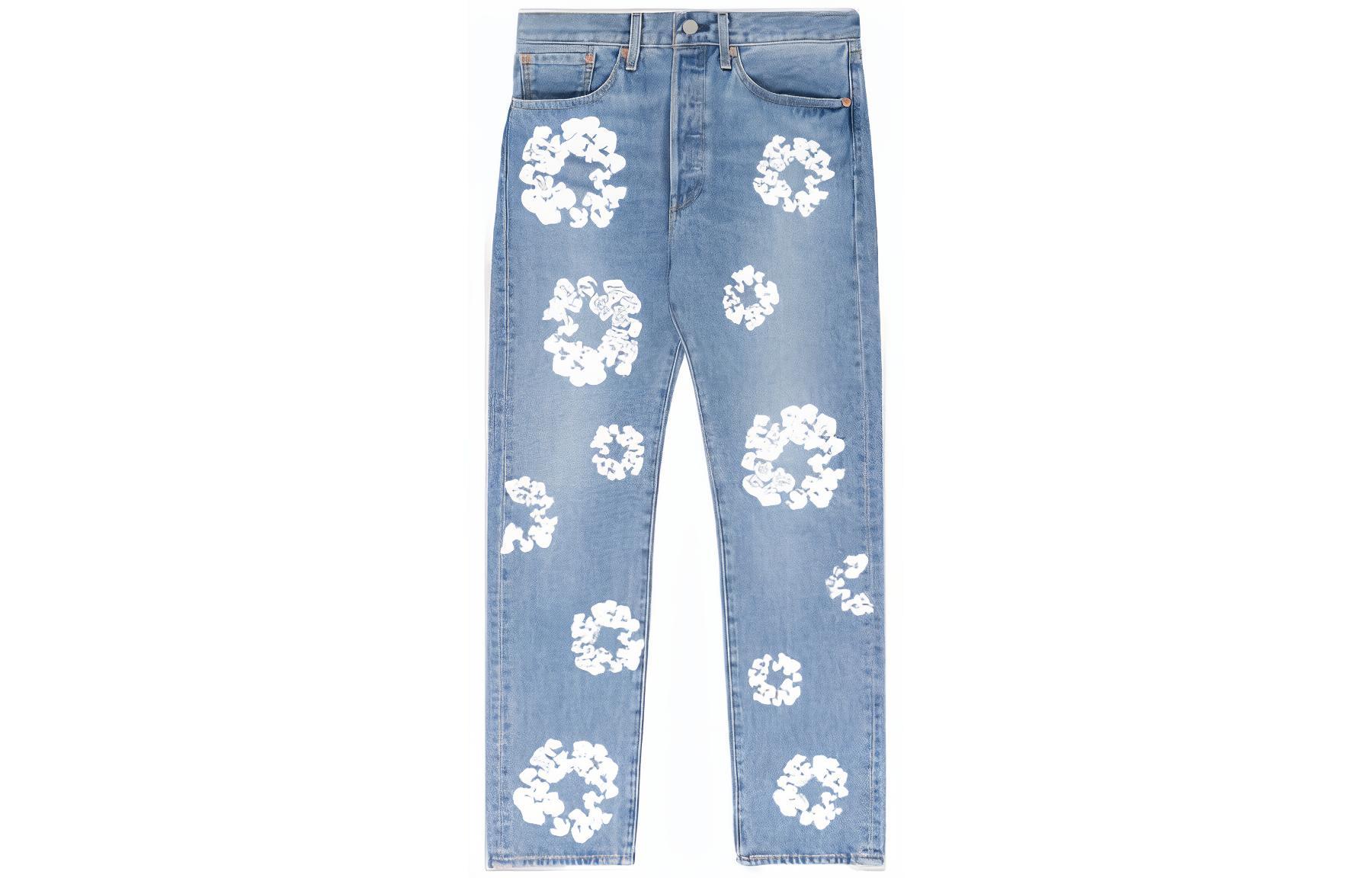 Denim Tears Wreath Print Mid-Rise Zipper Jeans Unisex Light Blue DT501-002-30