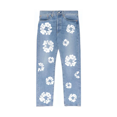 Denim Tears Wreath Print Mid-Rise Zipper Jeans Unisex Light Blue DT501-002-30