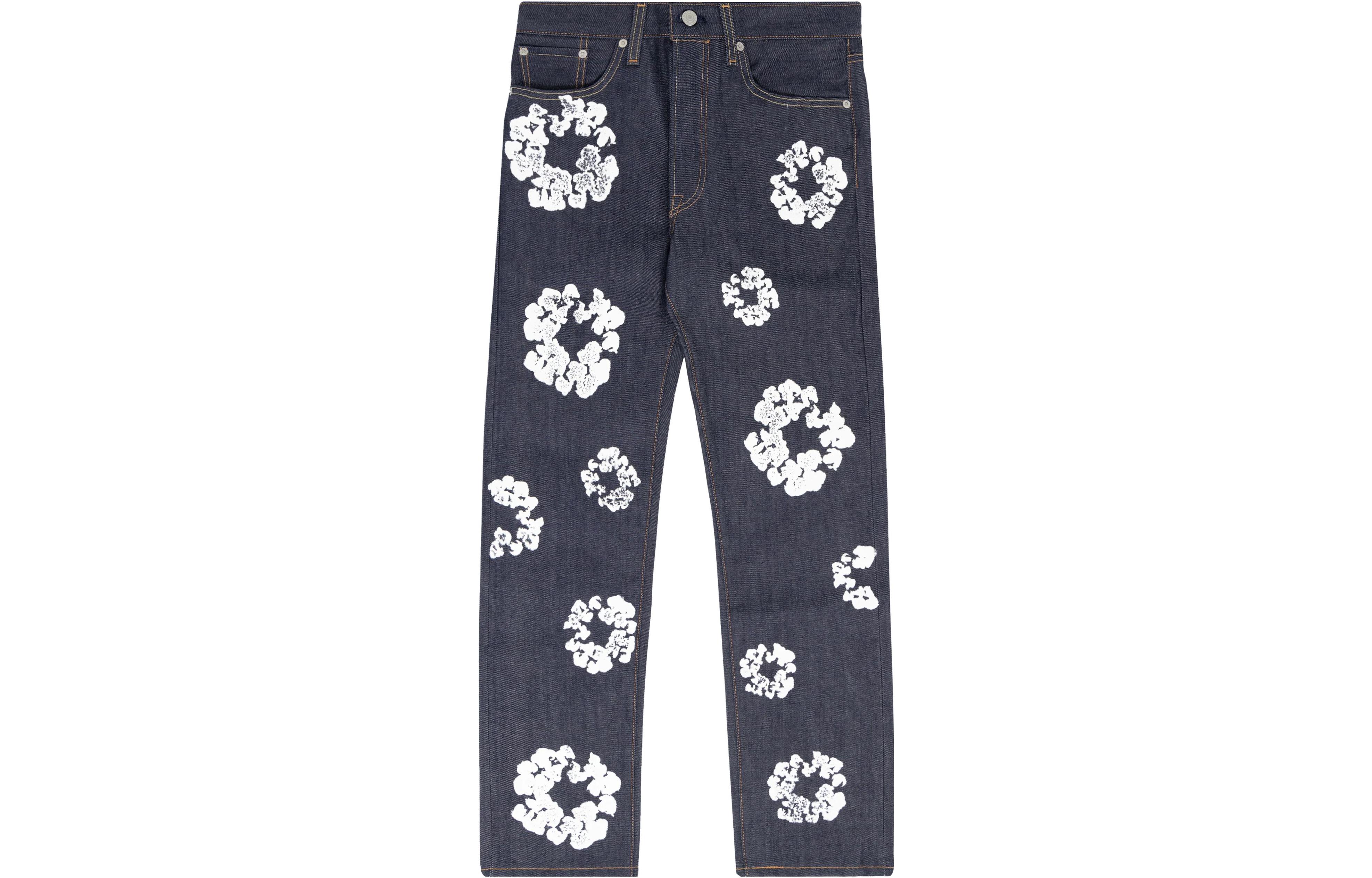 Denim Tears Wreath Print Mid-Rise Zipper Jeans Unisex Black Blue DT501-000-30