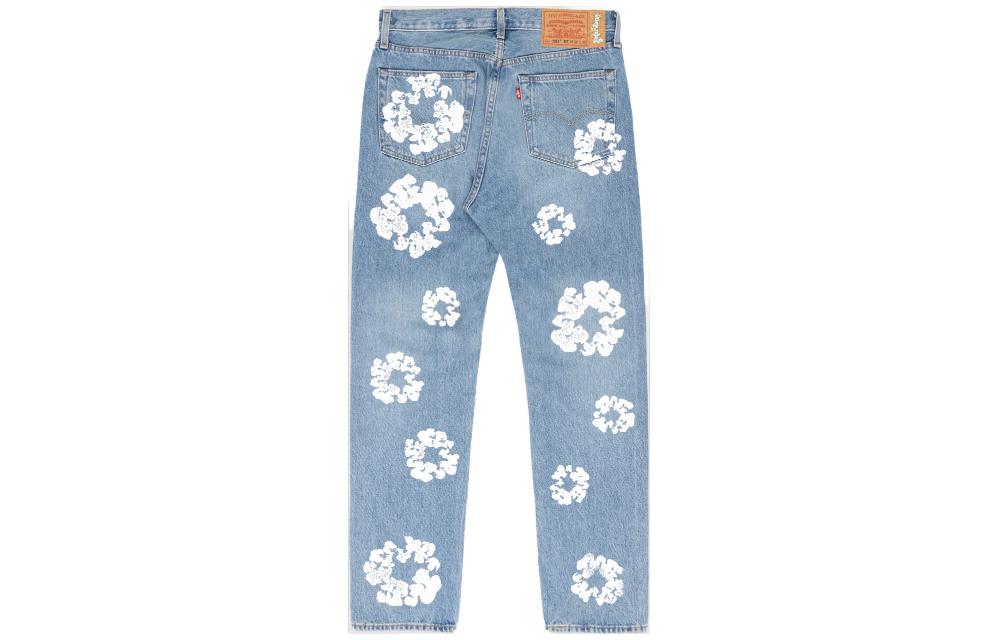 Lookbook Denim Tears Wreath Print Jeans Unisex Biru Muda Mid-Rise dengan Ritsleting DT501-002-30