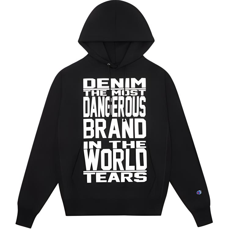 Denim Tears x Champion Black Slogan Print Hoodie SS24 Unisex Kangaroo Pocket FW24-THD-016