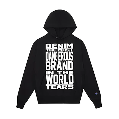Denim Tears Champion Black Slogan Print Hoodie SS24 Unisex Kangaroo Pocket FW24-THD-016