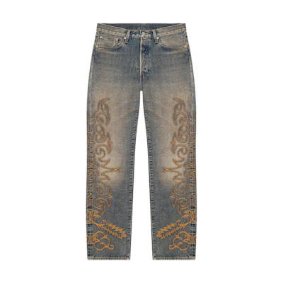 Denim Tears Levi's FW23 Distressed Pattern Embroidered Jeans Unisex Blue. A1592-0010-28