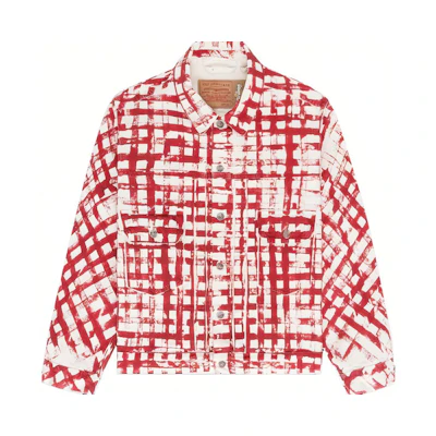 Denim Tears Levi's SS24 Kiss My Grits Plaid Crinkle Long Sleeve Jacket Red 802-300-96