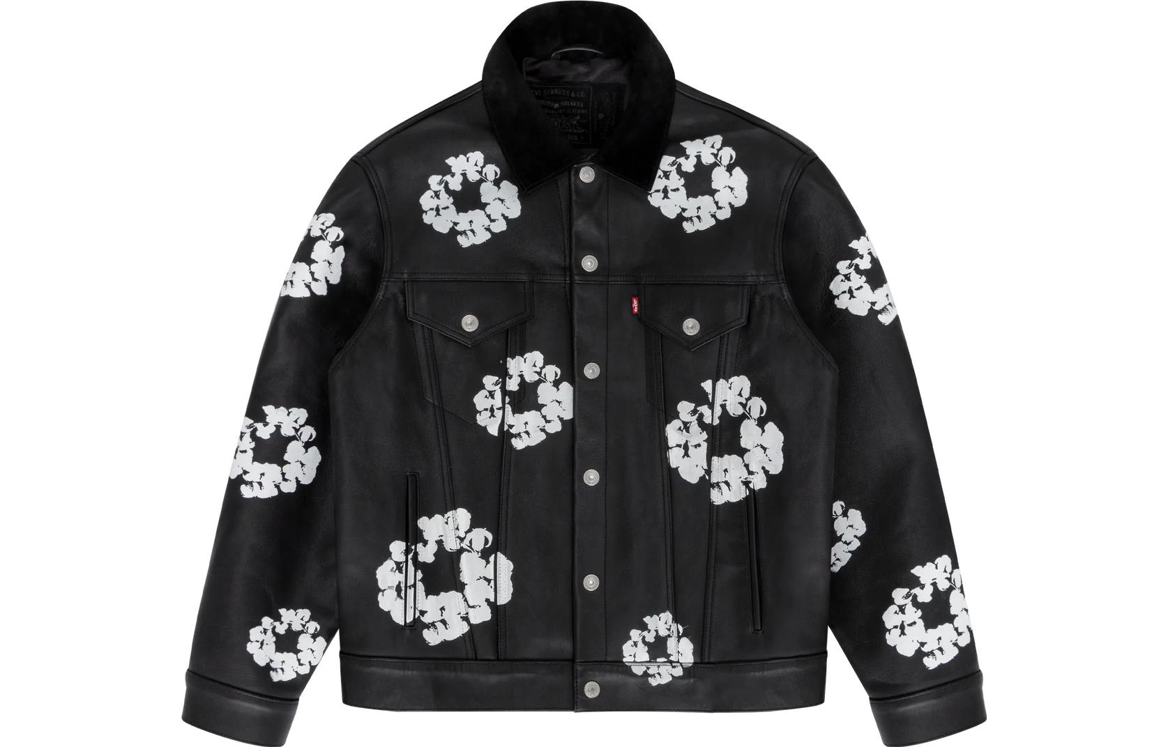 Denim Tears x Levis FW23 Leather Cotton Wreath Logo Jacket Unisex Black A5613-0000