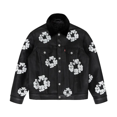 Denim Tears Levis FW23 Leather Cotton Wreath Logo Jacket Unisex Black A5613-0000