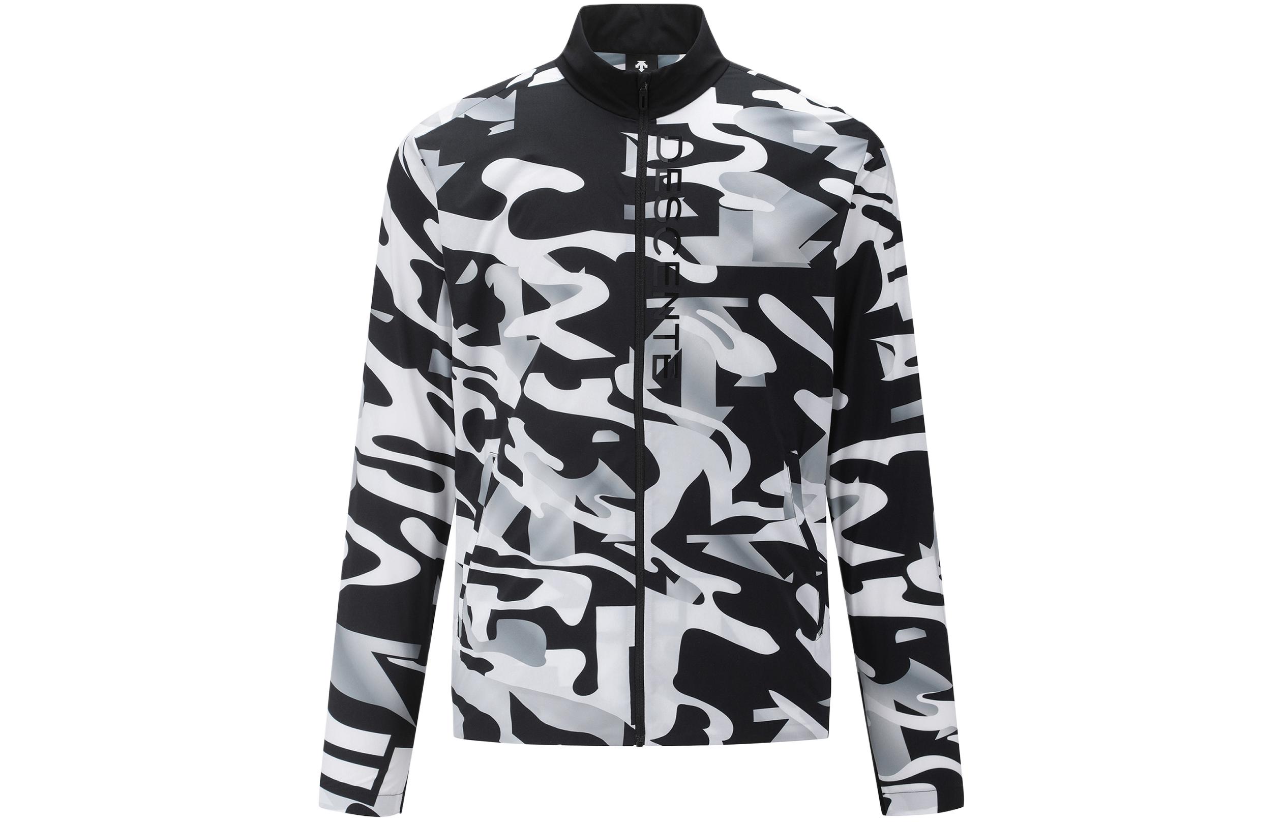 DESCENTE Black Patterned Zip-Up Jacket with Letter Print Trim DP12MFBL25-PBKG