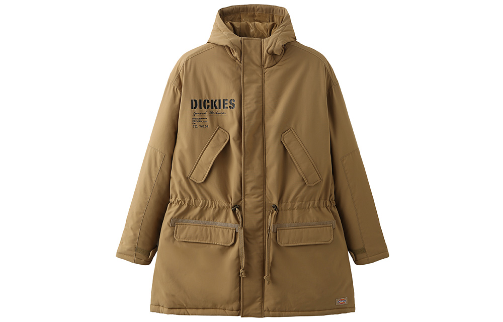 Dickies Khaki Mid-Length Padded Jacket with Logo Backprint and Drawstring DK008016A93