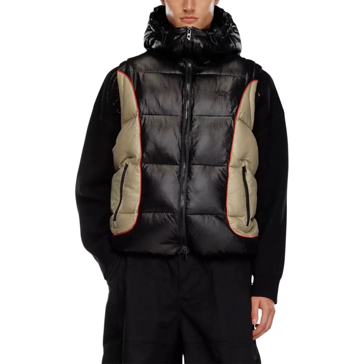 Lookbook DIESEL 24FW  Black/Beige Patchwork Logo Embroidered Hoodie Vest Jacket A144060DBCH-9XX