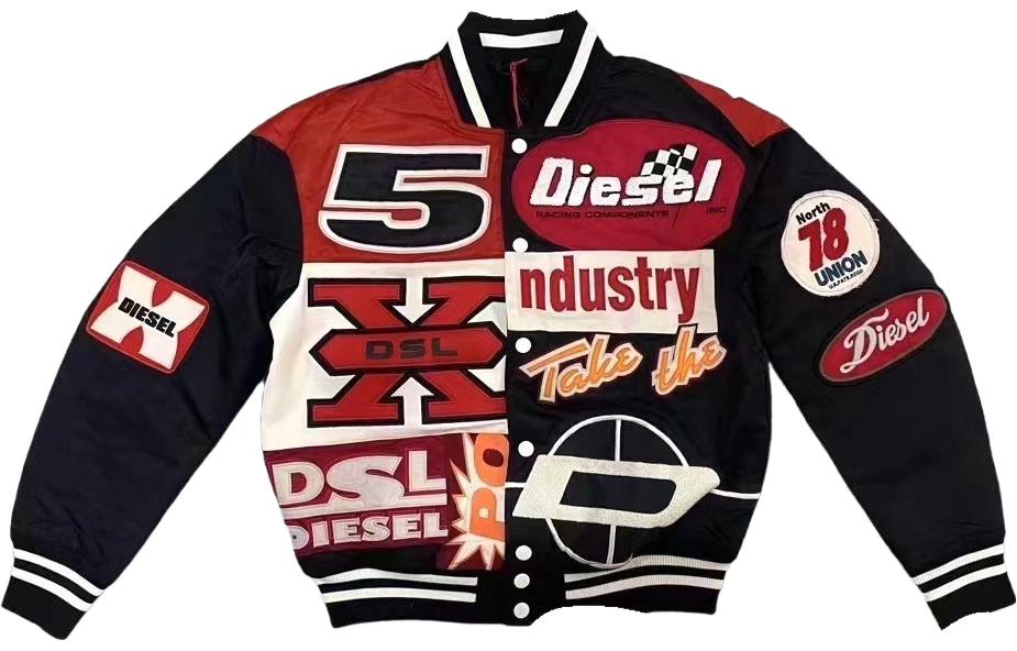Order DIESEL Jaket Baseball Leher Bulat Hitam dengan Rekaan Huruf dan Angka A04982RBBAG900