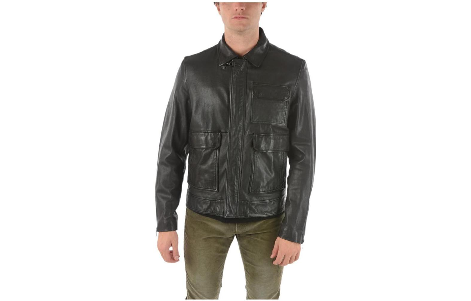 Buy DIESEL  Black Leather Jacket with Large Pockets and Turn-Down Collar. A001160BAZI9XX