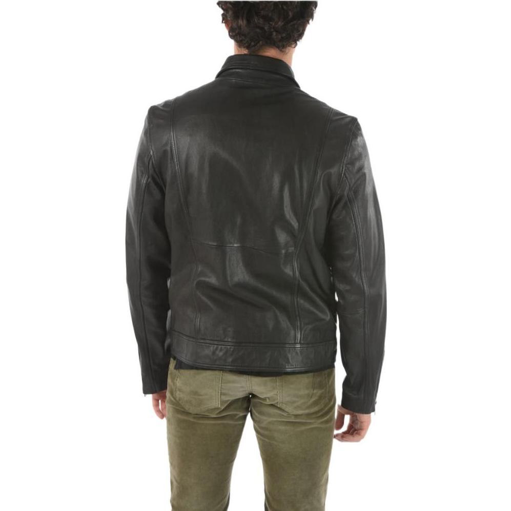 Shop DIESEL  Black Leather Jacket with Large Pockets and Turn-Down Collar. A001160BAZI9XX