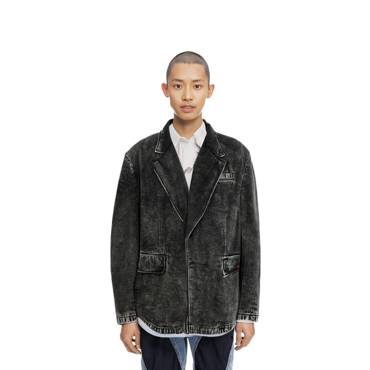 Sizing DIESEL Jaket Blazer Denim Hitam Single-Breasted Lelaki. A0407009B8702
