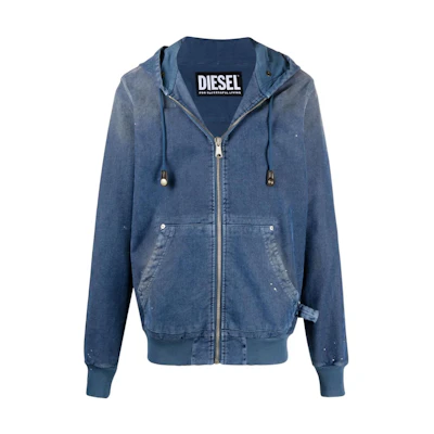 DIESEL Blue Paint-Splattered Hooded Denim Jacket. A027080HCAQ8MG
