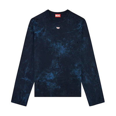DIESEL Distressed Dyed Crewneck Long Sleeve T-Shirt Blue. A133840KLAC-8ATA