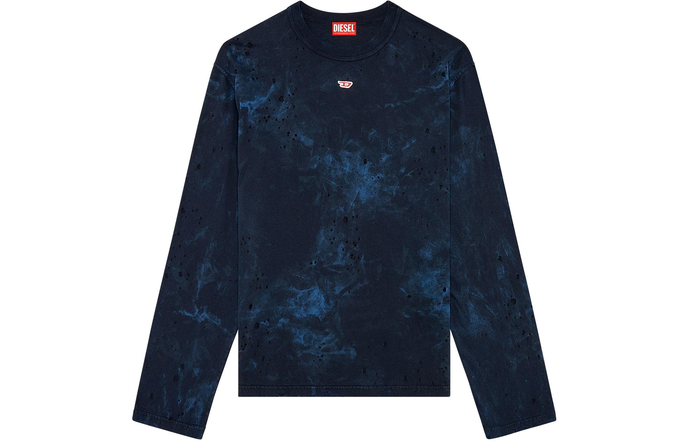 Order DIESEL  Distressed Dyed Crewneck Long Sleeve T-Shirt Blue. A133840KLAC-8ATA