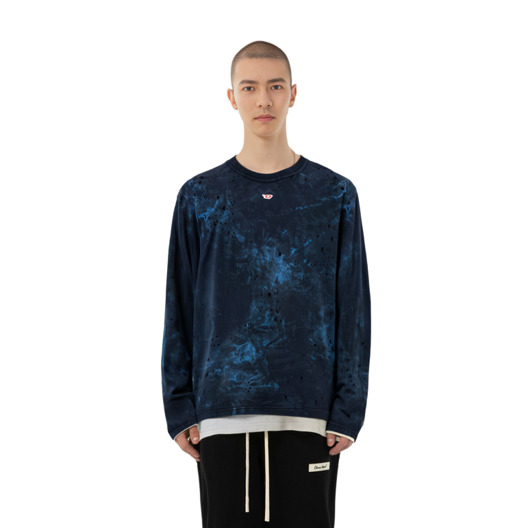 Details for DIESEL  Distressed Dyed Crewneck Long Sleeve T-Shirt Blue. A133840KLAC-8ATA