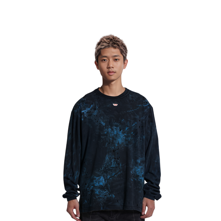 Cheap DIESEL  Distressed Dyed Crewneck Long Sleeve T-Shirt Blue. A133840KLAC-8ATA