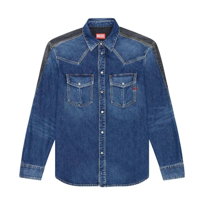 DIESEL Washed Patchwork Denim Long Sleeve Shirt Blue/Black A11461068HA-01I