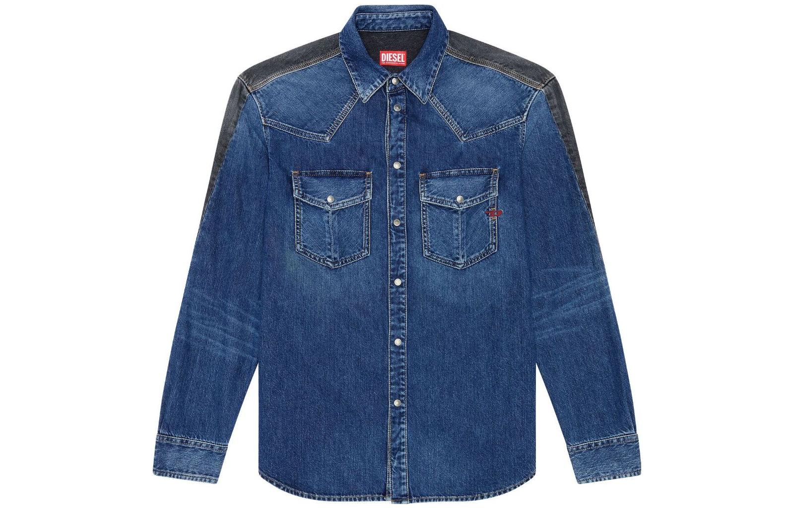 Order DIESEL 拼接水洗牛仔长袖衬衫 蓝色/黑色 A11461068HA-01I