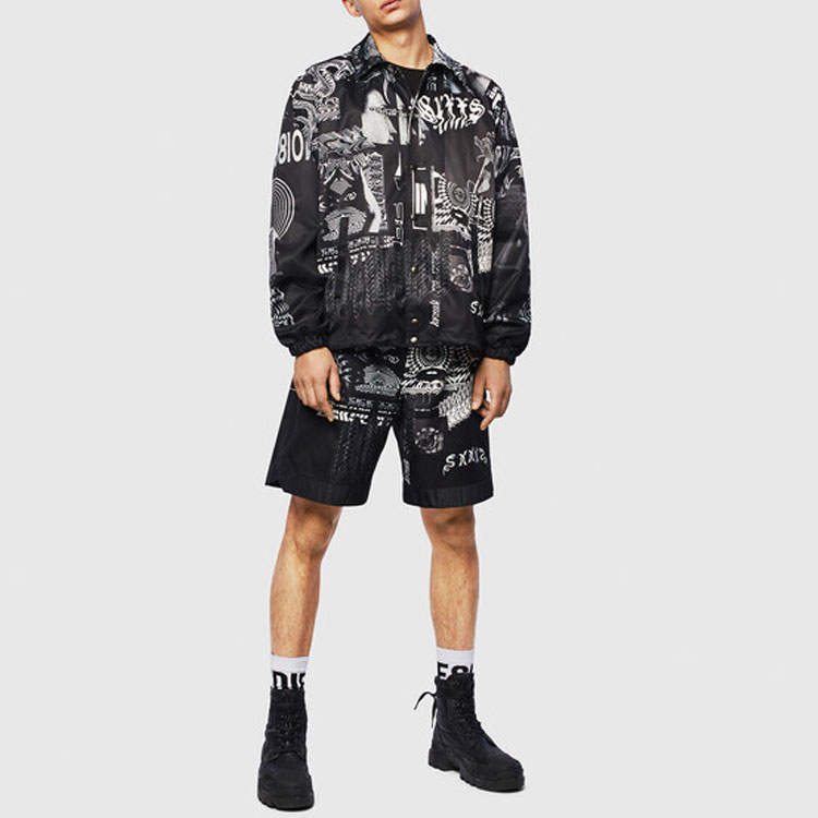 Shop Diesel All-Over Letter Print Collared Long-Sleeve Jacket Unisex Black 00SEF50LAXE