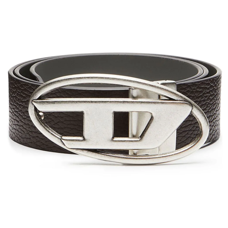DIESEL B-1DR Rev II Brown Leather Belt with Smooth Buckle for Men. X09812P4420