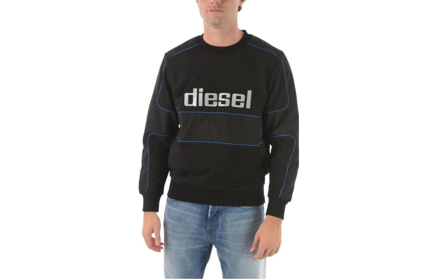 Diesel Black Crewneck Sweatshirt with Logo Print and Patchwork Design A007010AASF9XXA