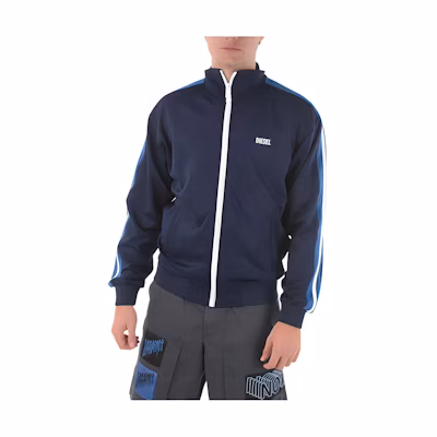 Diesel Blue Logo Print Zip-Up Jacket with Striped Trim Collar A001230KUTI8ATA