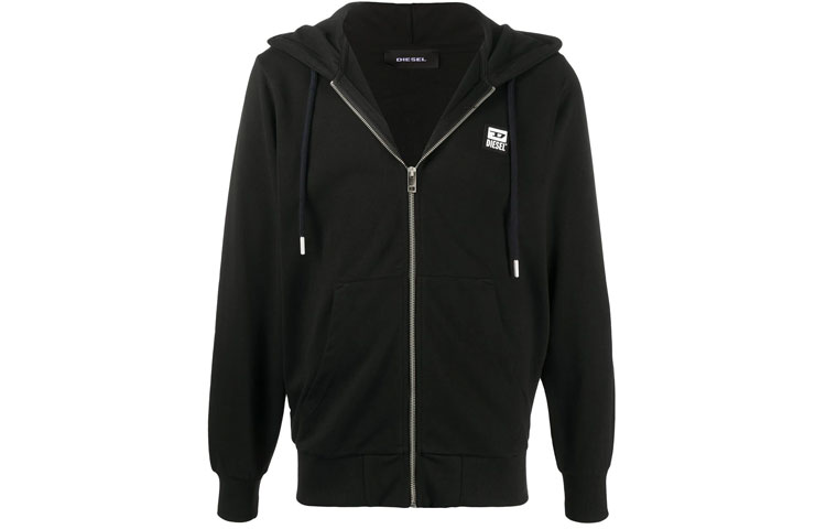 Diesel FW21 Black Logo Appliqué Zip-Up Hoodie Jacket A003270HAYT9XX