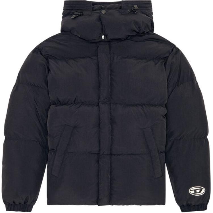 DIESEL FW22  Black Hooded Down Jacket Long Sleeve Puffer Coat. A064230BFAQ9XX
