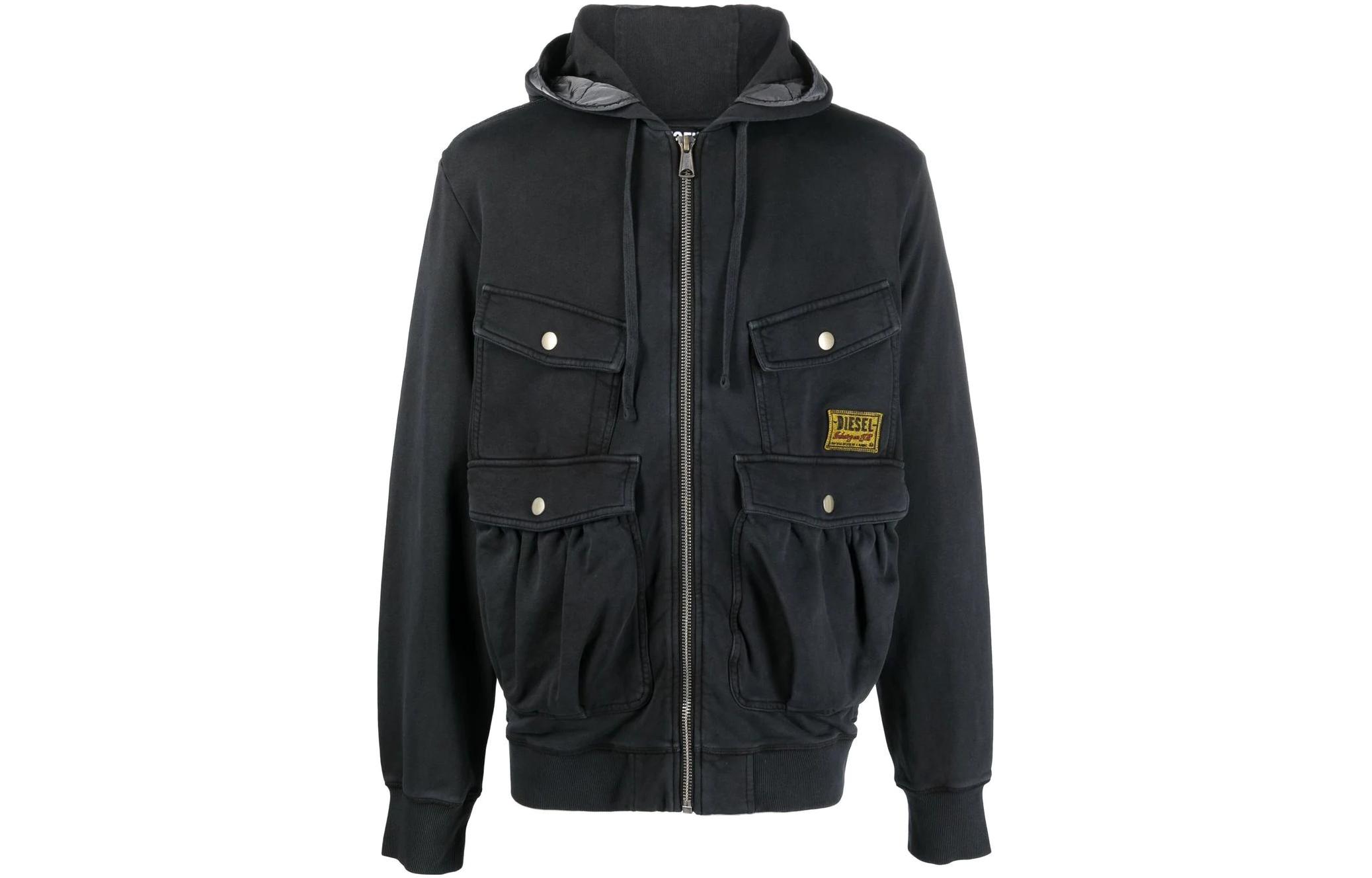 Order DIESEL FW22 Jaket Bomber Hitam Dengan Hood dan Multi-Poket Zip-Up A063190LCAL-900