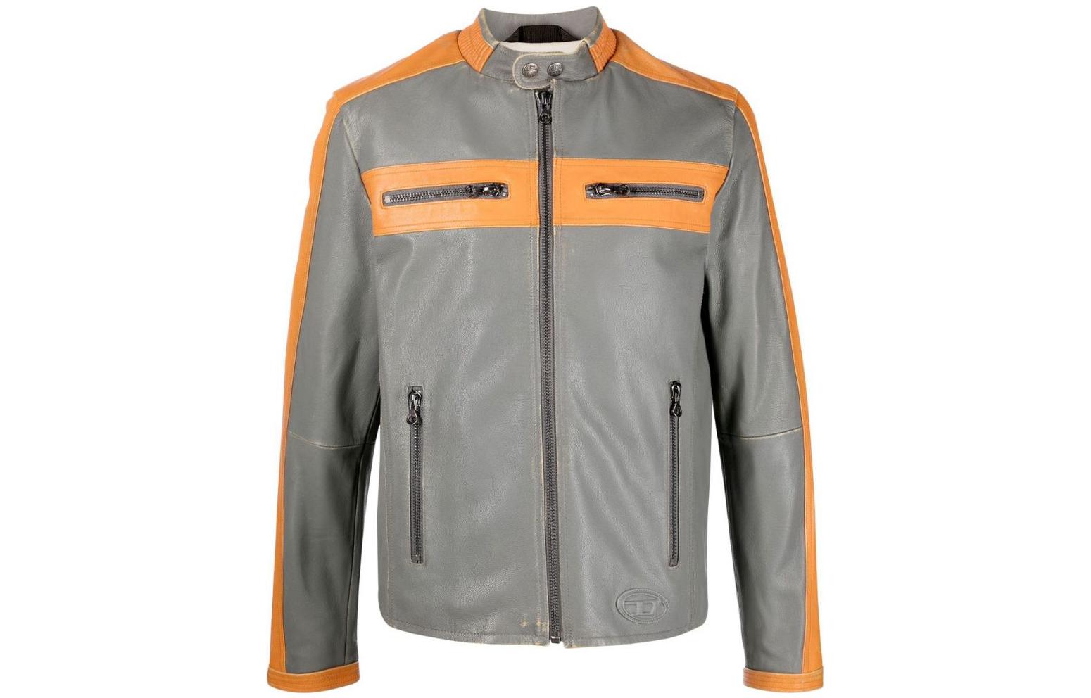 Order DIESEL FW22  Patchwork Zip-Up Leather Biker Jacket with Stand Collar. A063470PDAS98B