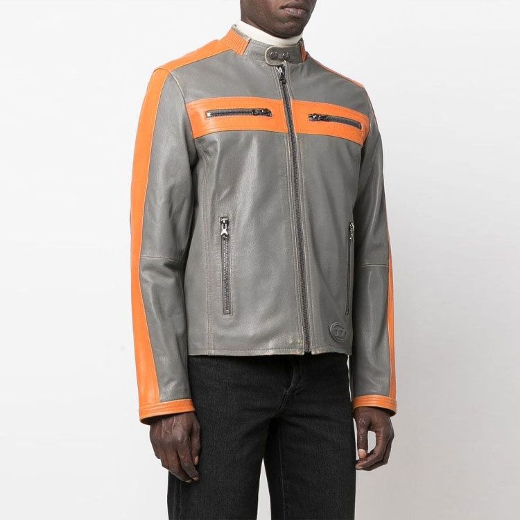 Purchase DIESEL FW22  Patchwork Zip-Up Leather Biker Jacket with Stand Collar. A063470PDAS98B