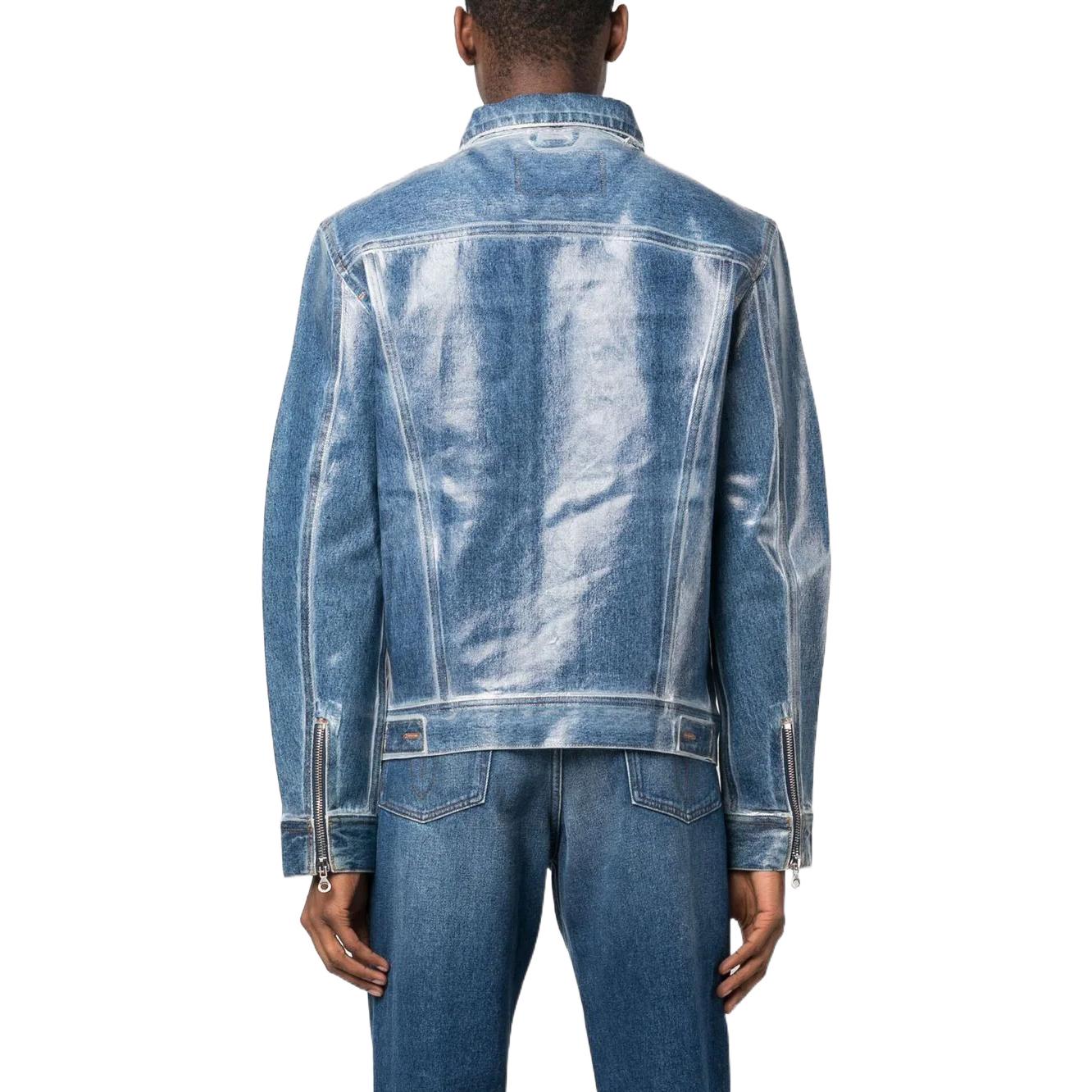 Shop Diesel FW22 Blue Coated Denim Shirt Collar Long Sleeve Jacket A07676007H7