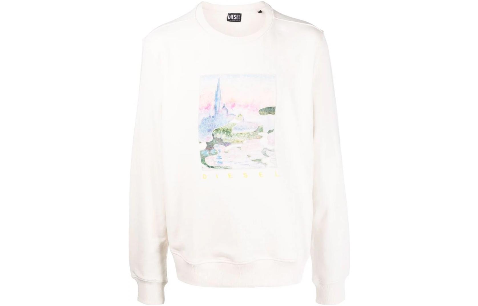 Diesel FW22 Watercolor Print Crewneck Pullover Sweatshirt White A068570JFAV141