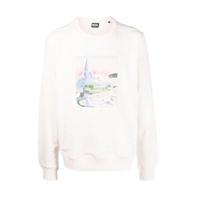 Diesel FW22 Watercolor Print Crewneck Pullover Sweatshirt White A068570JFAV141