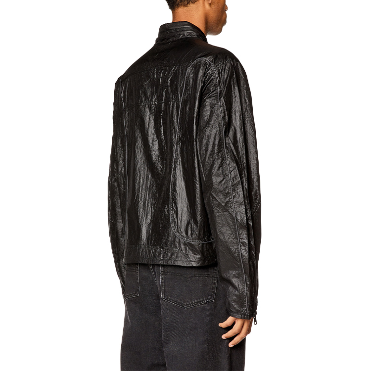 Shop DIESEL FW23 Jaket Zip-Up Berleher Tinggi Warna Hitam. A106750HJAD-9XX