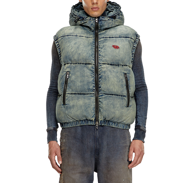 Lookbook DIESEL FW24 カジュアル フーディ ジップ ベスト ライトブルー フェード コットンジャケット A153590SKAI-01