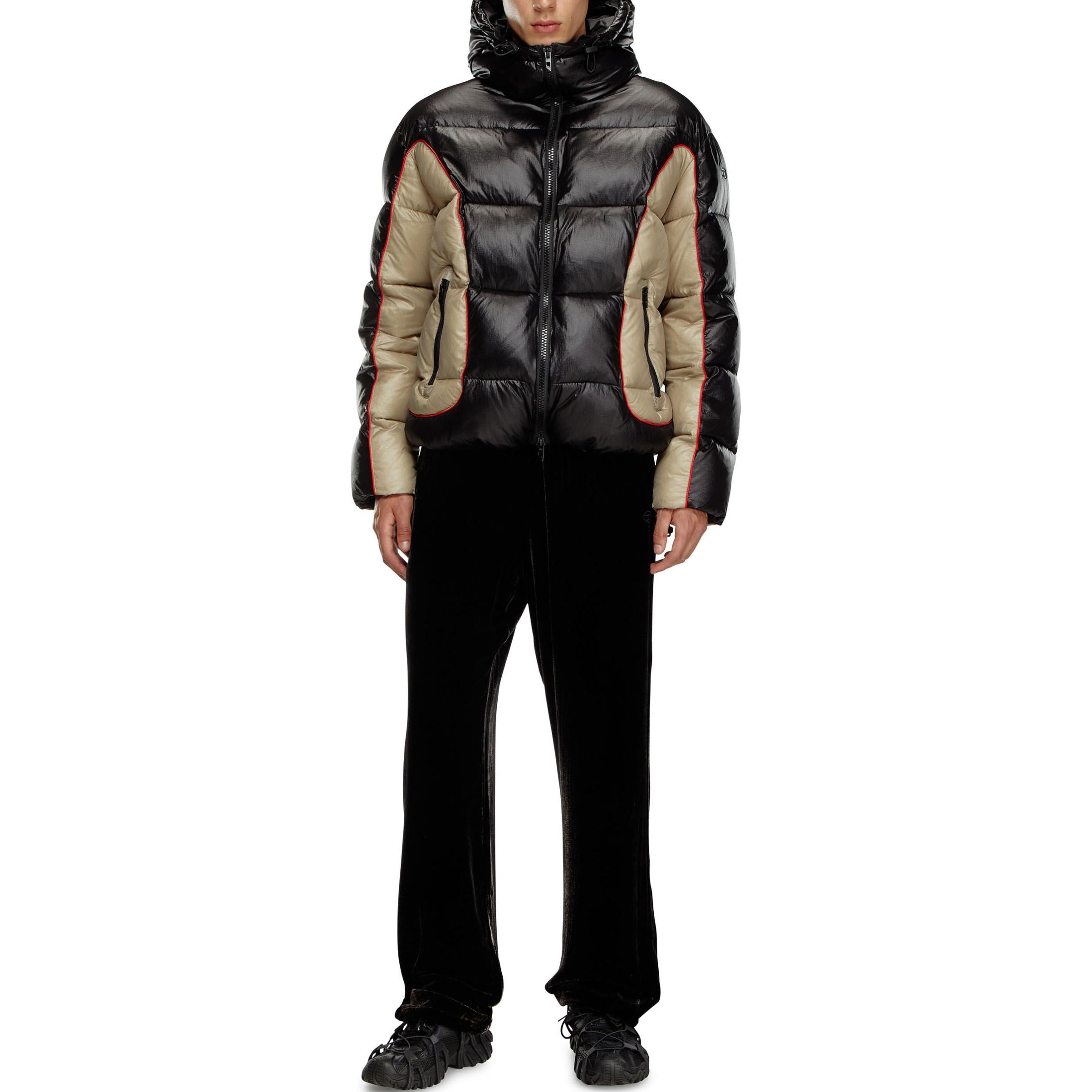 Shop ディーゼル FW24 カラーブロック ジップアップ フード付きコットンジャケット ブラック/ベージュ A144050DBCH-9XX