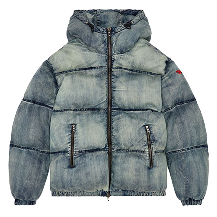 Order DIESEL FW24 Chaqueta de Algodón Azul Claro Desgastada con Capucha y Doble Cremallera. A145100SKAI-01