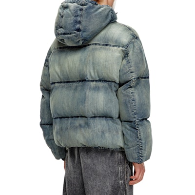 DIESEL FW24 Chaqueta de Algodón Azul Claro Desgastada con Capucha y Doble Cremallera. A145100SKAI-01 Lookbook DIESEL FW24 Chaqueta de Algodón Azul Claro Desgastada con Capucha y Doble Cremallera. A145100SKAI-01