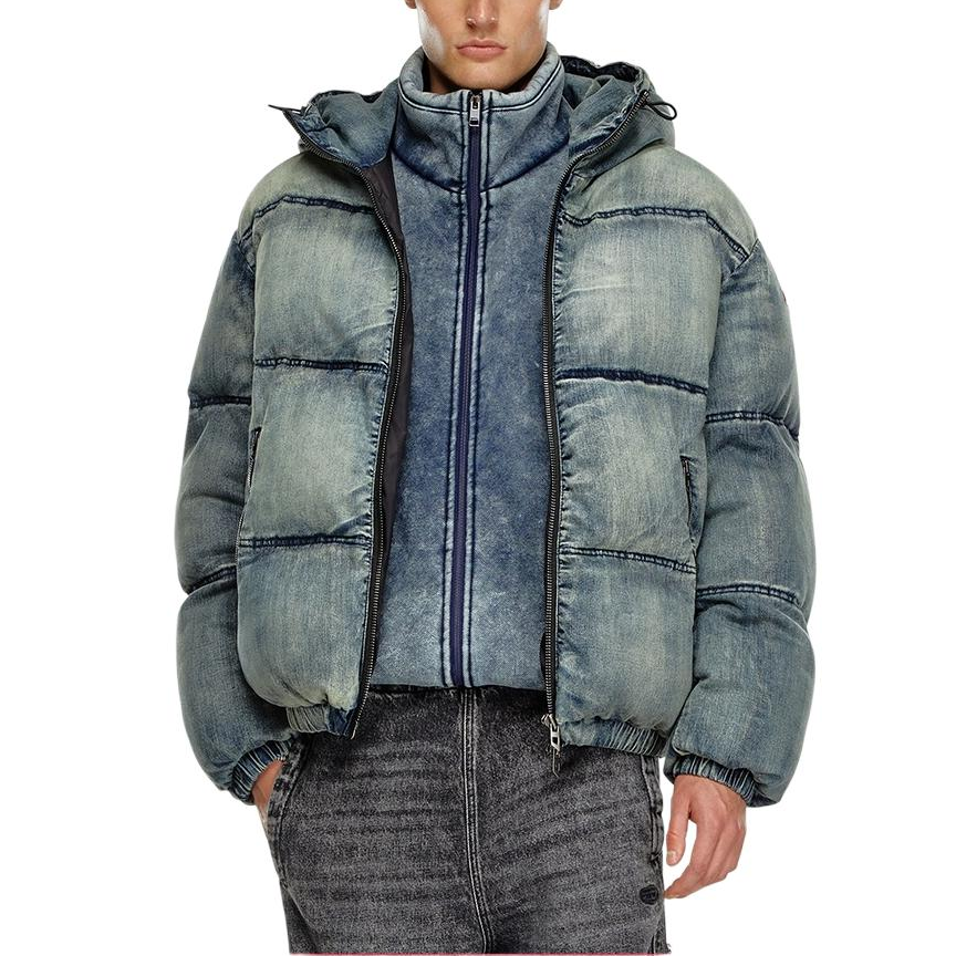 Purchase DIESEL FW24 Chaqueta de Algodón Azul Claro Desgastada con Capucha y Doble Cremallera. A145100SKAI-01