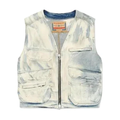 DIESEL FW24 Denim Multi-Pocket Zipper Vintage Work Vest Silver White. A147270CBDJ-01