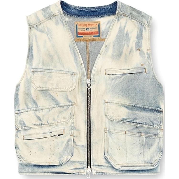 Order DIESEL FW24 Jaket Denim Pelbagai Poket Zip Vintage Kerja Perak Putih. A147270CBDJ-01