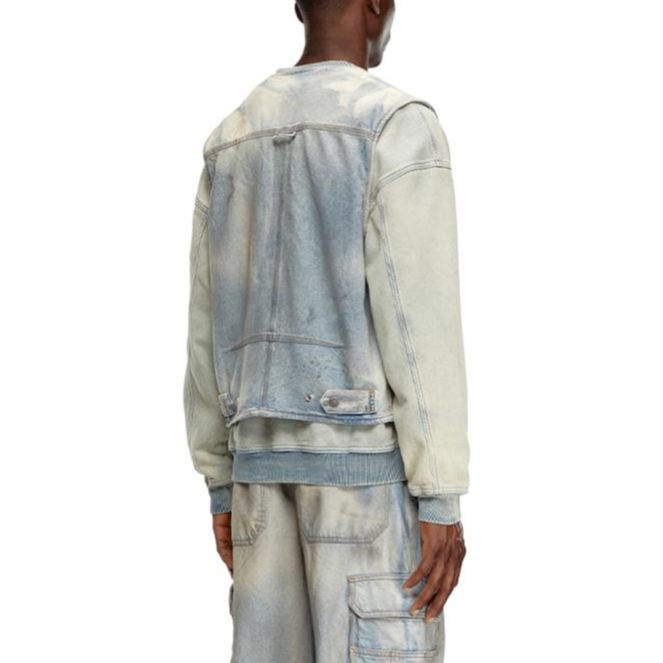 Shop DIESEL FW24 Jaket Denim Pelbagai Poket Zip Vintage Kerja Perak Putih. A147270CBDJ-01