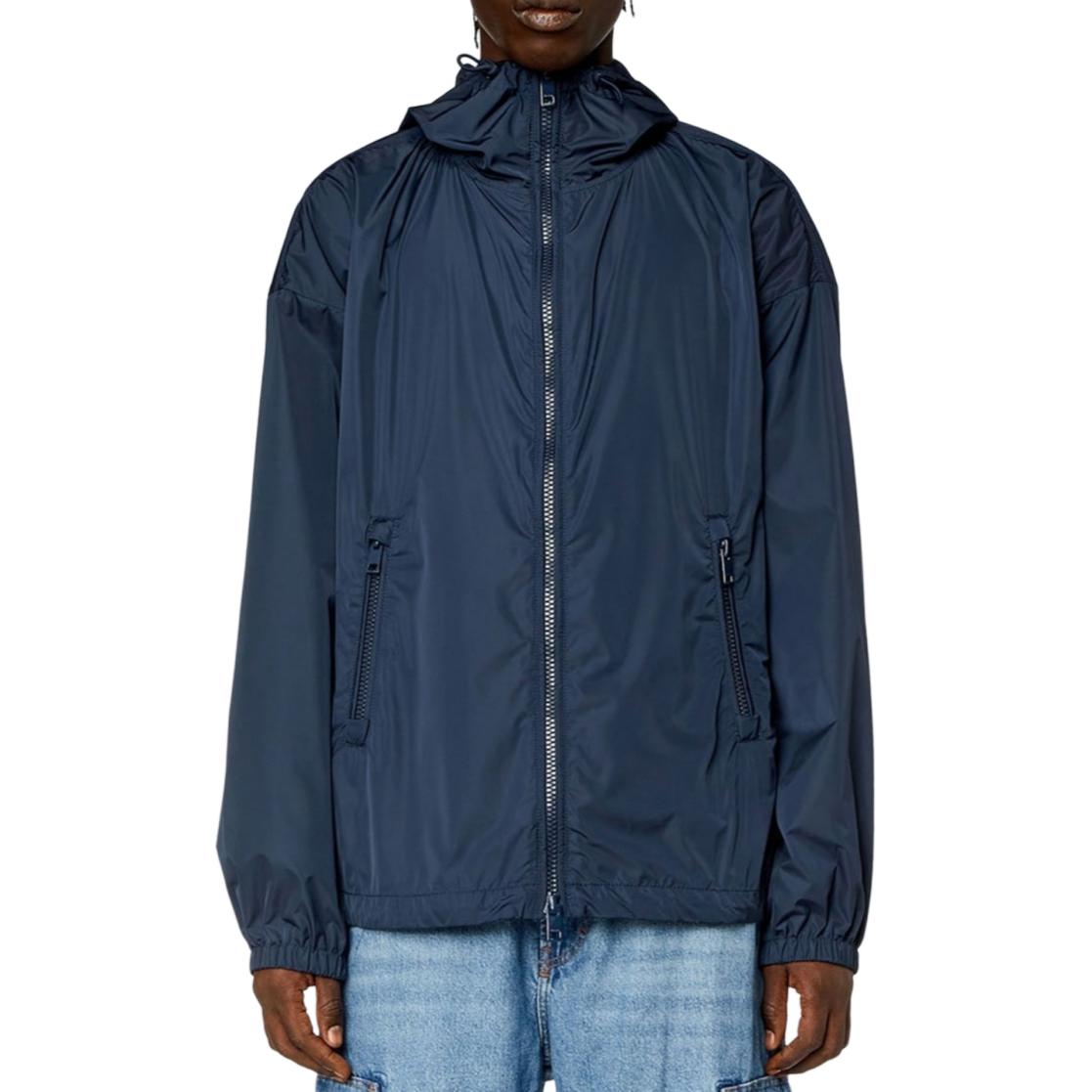 Lookbook DIESEL FW24 男士海軍藍純色拉鍊寬鬆連帽外套。 A125920IMAY-81E