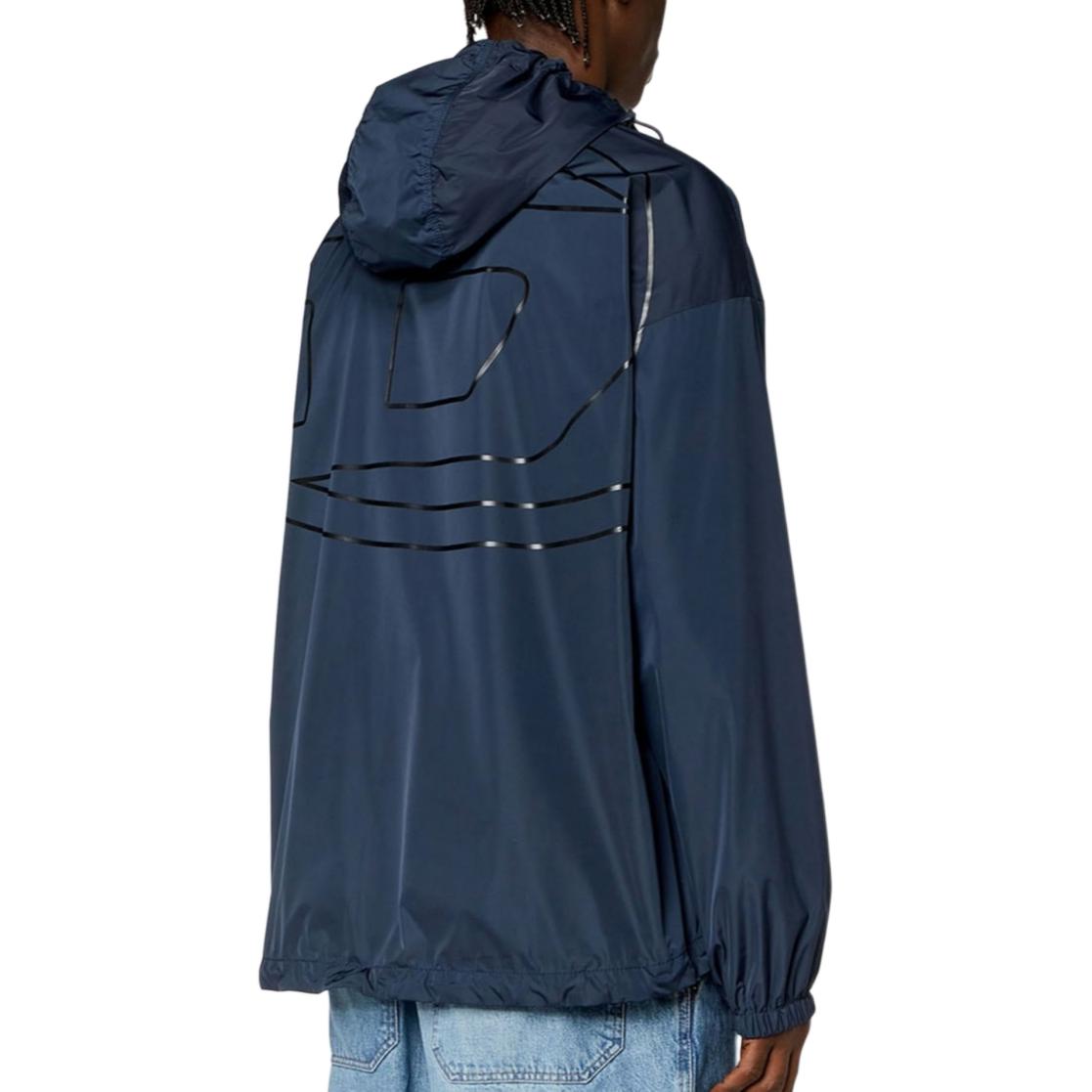 Shop DIESEL FW24 男士海軍藍純色拉鍊寬鬆連帽外套。 A125920IMAY-81E