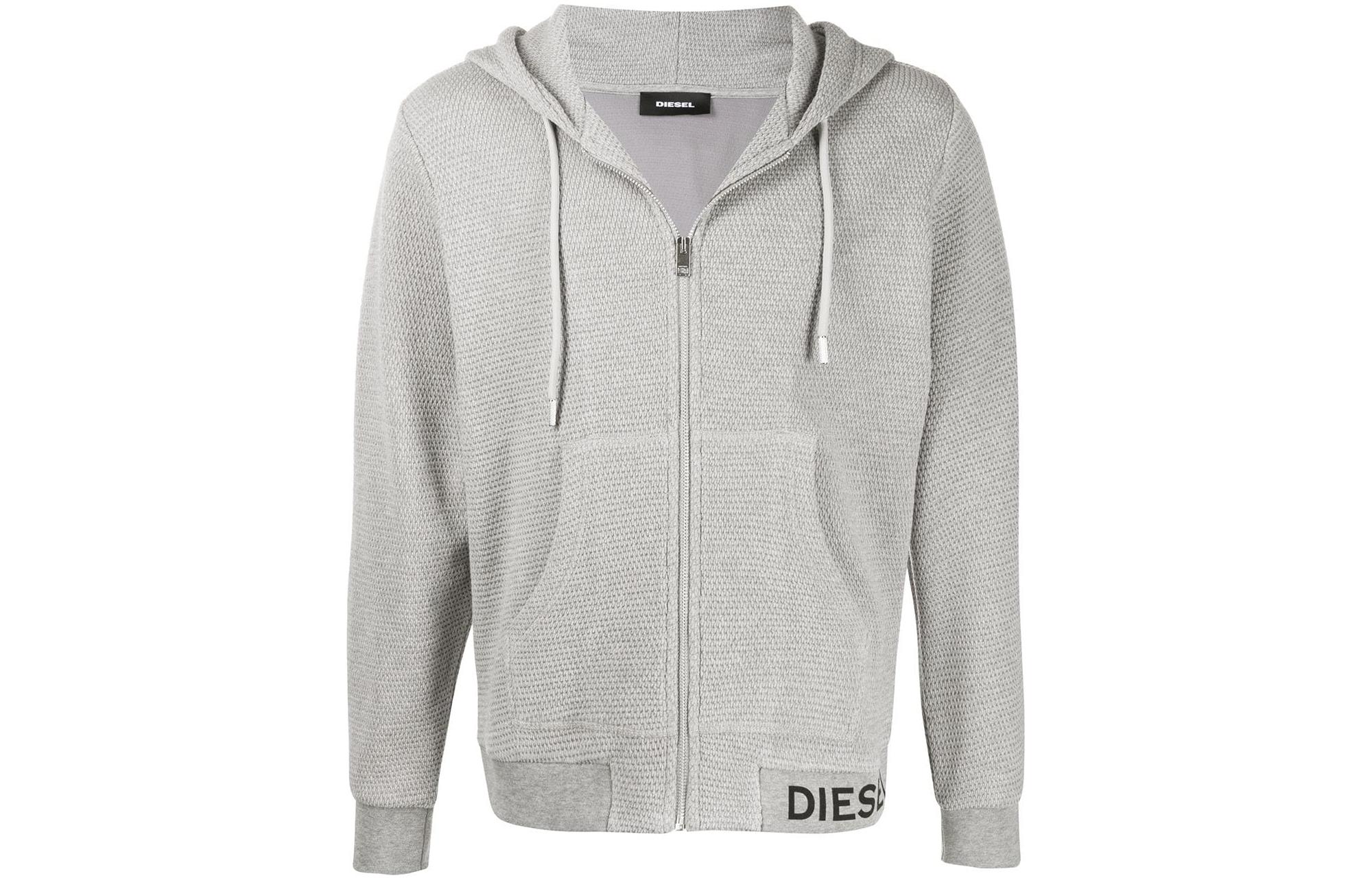 Diesel Gray Solid Letter Print Waffle Knit Hoodie Jacket A000740KAYB9CB