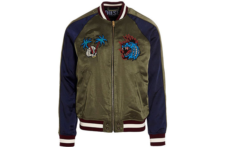 Diesel Green Embroidered Animal Bomber Jacket with Zip Front A030880JCAL51F