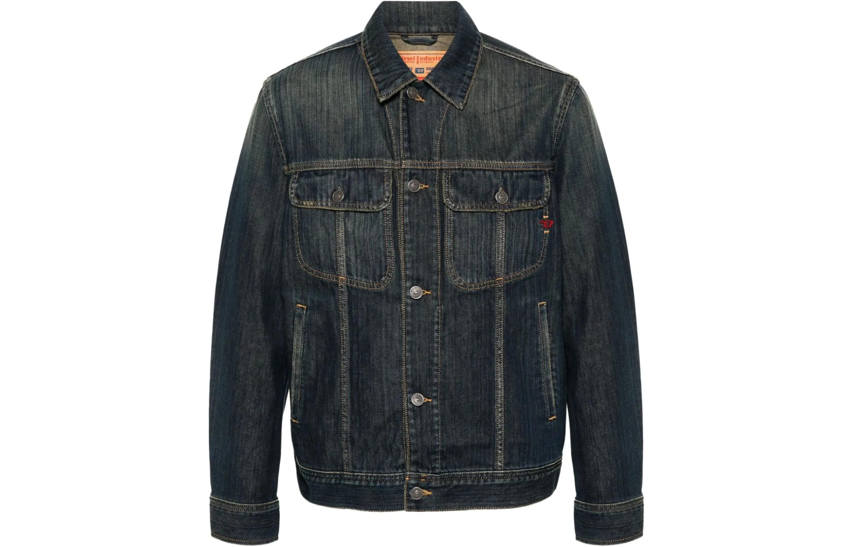 Diesel Indigo Embroidered Straight-Cut Buttoned Jacket with Side Pockets A0388509I2001